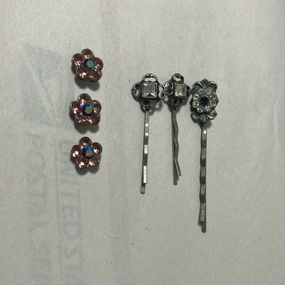 Vintage Floral Pink and Silver Hair Pins with 3 extra Pin Stones
